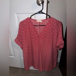 Women's Red Printed V-Neck Short Sleeve Blouse by Ann Taylor